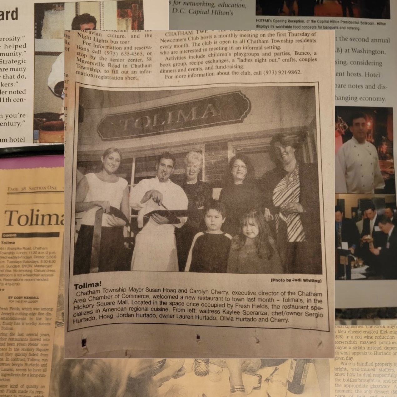 A collage of newspaper and magazine clippings featuring my father. In the front and center of the collage is a newspaper clipping with a black-and-white photograph in which the Hurtado family stands together with community members and smiles on the opening day of their restaurant.