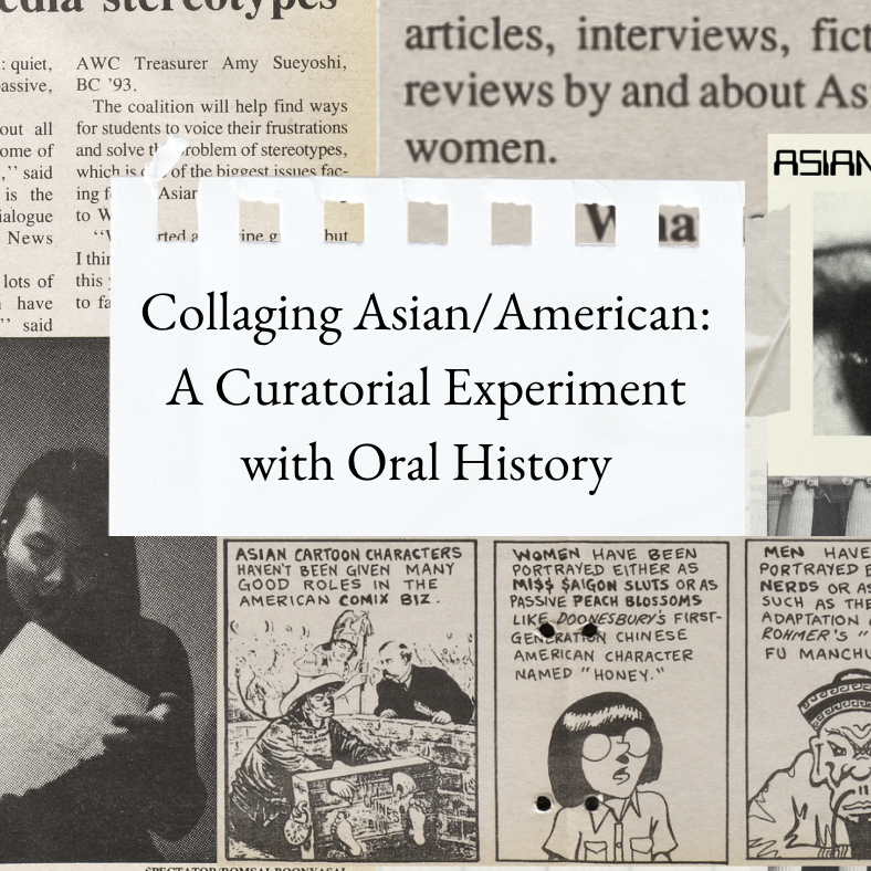 A collaged image of newspaper articles and archived images of Asian American student history