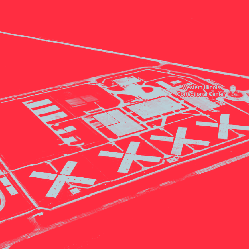 An off-white impression of the Western Illinois Correctional Center is imprinted upon a startling red background. Several of the prison buildings are shaped like Xs, stamped graphically over the land.