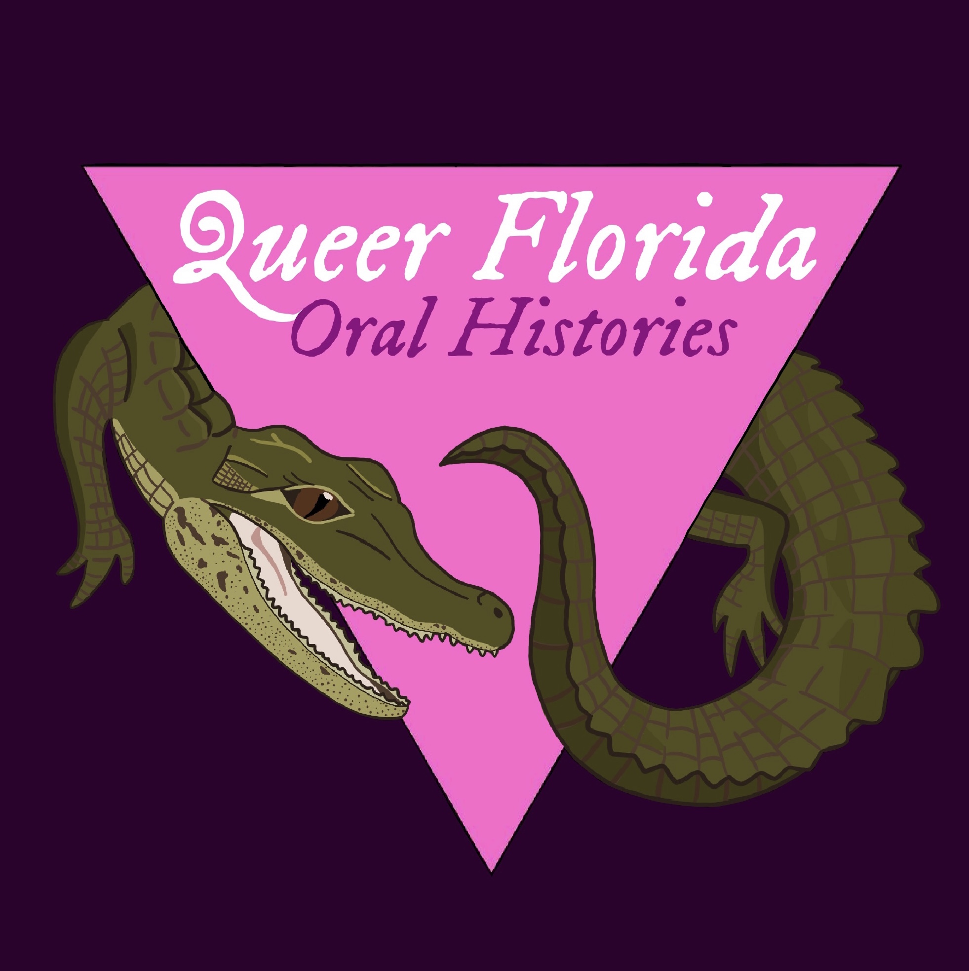 An illustration of a caiman curling around a pink triangle, set against a deep purple background, containing the text Queer Florida Oral Histories. Illustration by Han Powell.