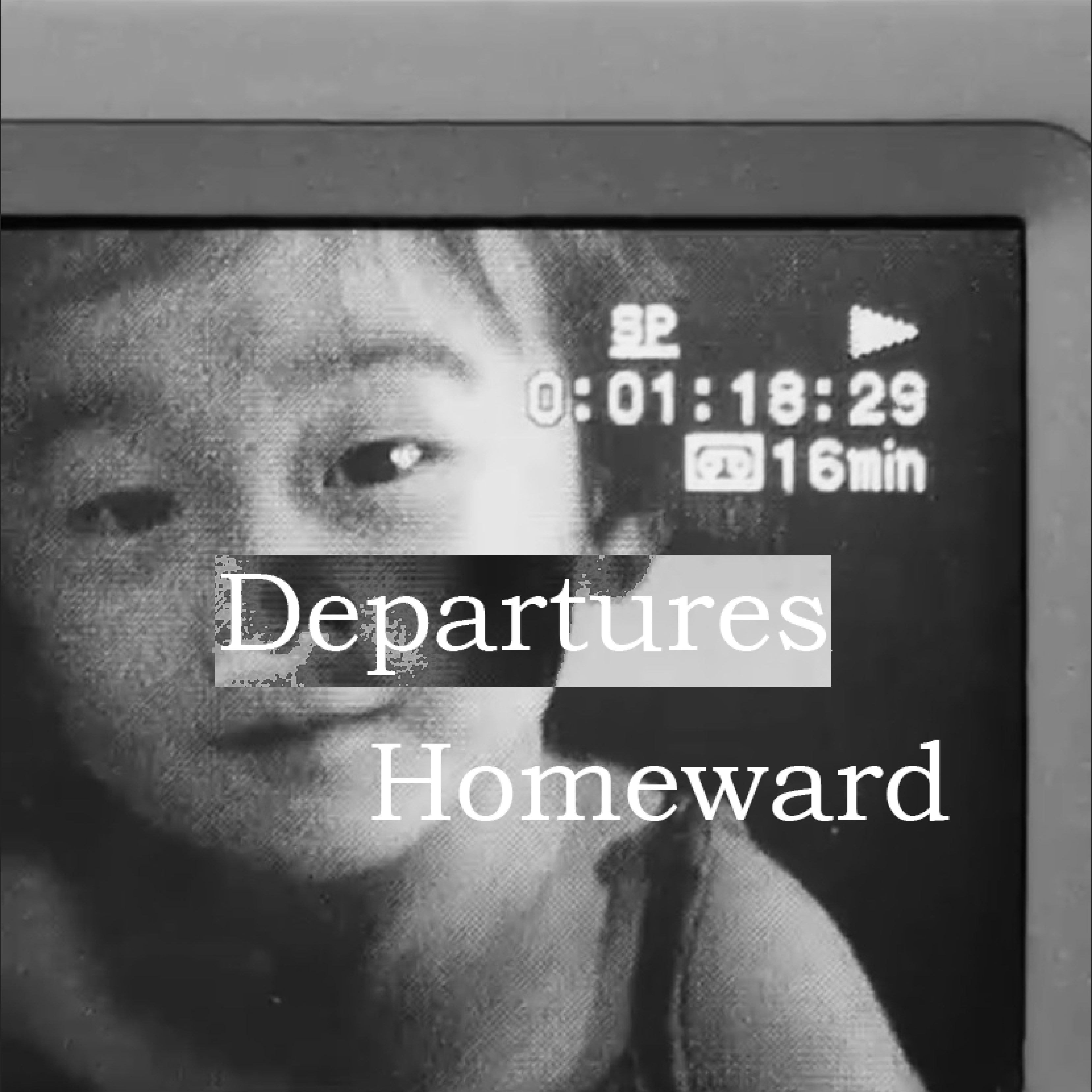 Capturing a moment of an Asian little girl looking into the camera in a home videotape. In the center of the picture it says, Departures Homeward.