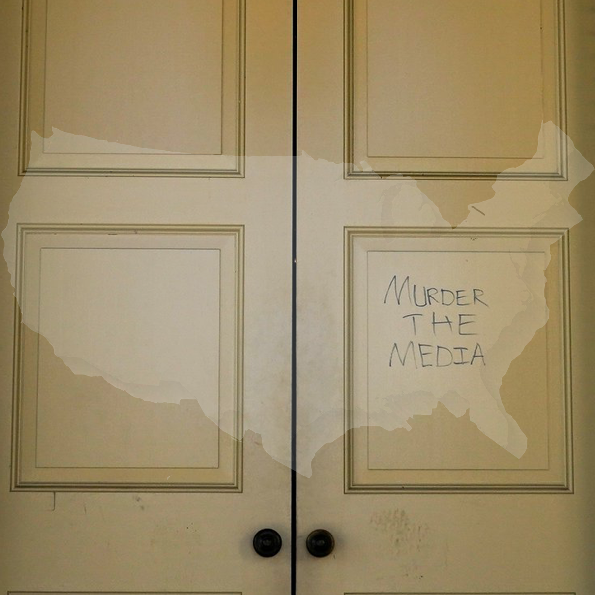 A door to the US Capitol building on Jan 6th, 2021, when it was overrun by insurrectionists trying to stop the certification of President Joe Biden. On the door is scrawled in large crude letters: MURDER THE MEDIA. A semi-transparent U.S. map is overlaid on the door. Photograph by Erin Scott/Reuters, overlay by Lisa R. Cohen.