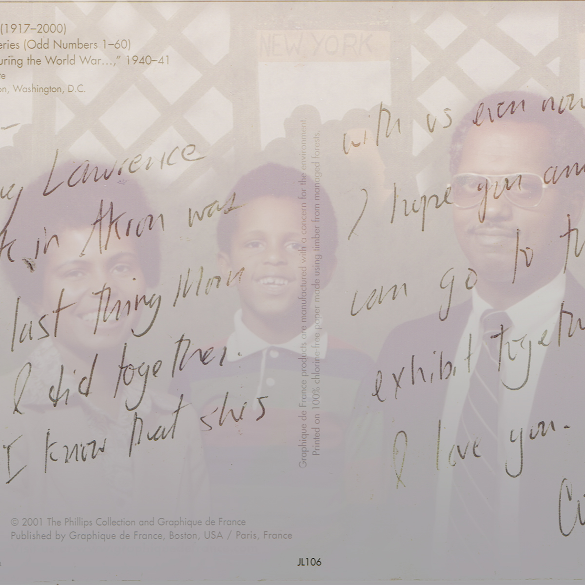 This image is a multiple exposure of three images: 1) the backside of a postcard from the Phillips Collection (Washington, DC) that Cosby Hunt sent to his father; 2) a family portrait of a young Cosby in-between his parents, Betty & Ike; and 3) Panel No. 1 of The Migration Series by Jacob Lawrence. Written on the postcard is a note from Cosby to his father. The note references the last thing he did with his mother: Seeing Jacob Lawrence speak in Akron, OH. Cosby closes by expressing his desire to see The Migration Series exhibition with his father.