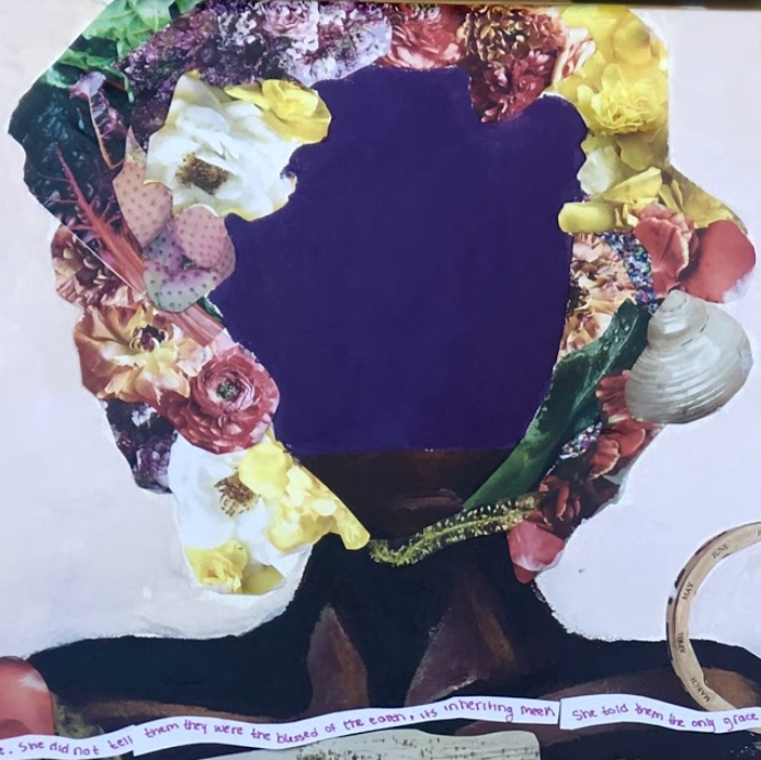 Acrylic painted bust of Black person (Shoulders to head). Face, from chin to forehead, is obscured by paint—no features are defined. Framing the face are a series of collaged flowers and green vegetation. A shell is collaged and pasted upon the ear of the bust. Painted/Collaged by Taylor Thompson, 2020.